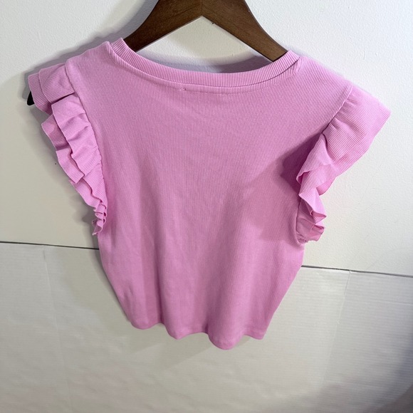 NWOT Zara Women's L Pink Ribbed Ruffle Sleeve Top Fitted Knit Shirt - Picture 5 of 9